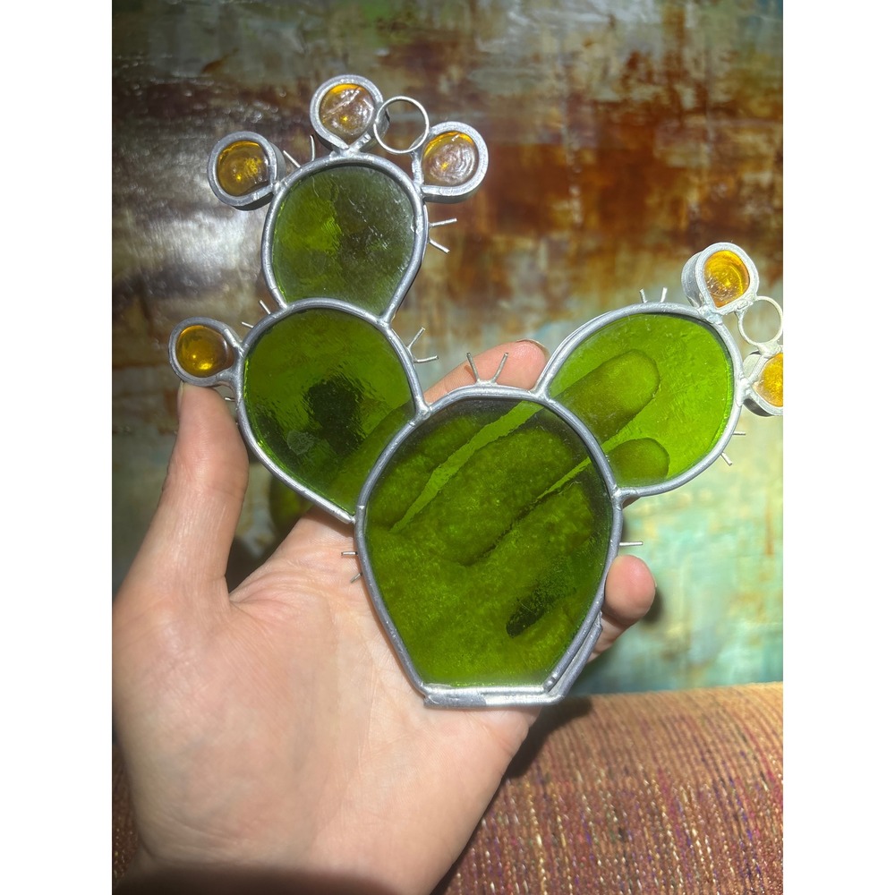 Handmade Stained Glass Prickly Pear Cactus Suncatcher Green Amber 5.5in